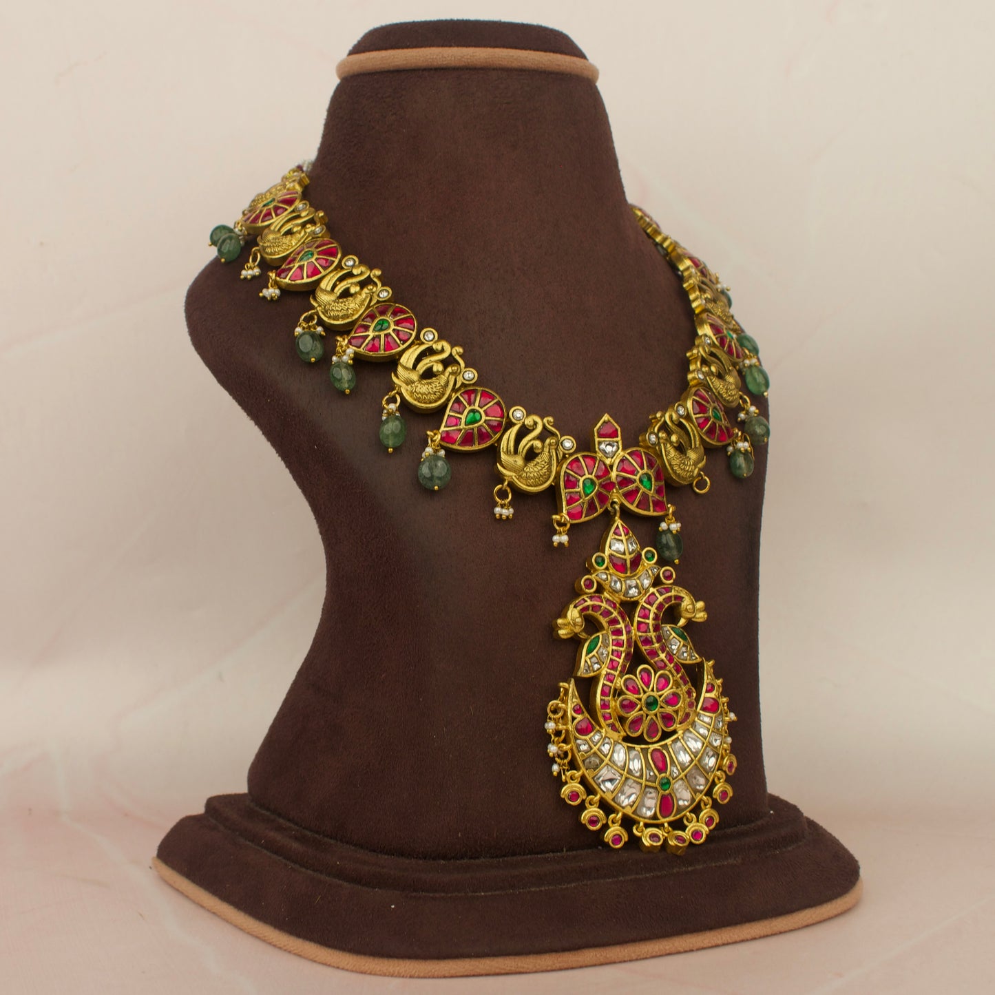 Opulent Kundan Mango Necklace with Emerald & Ruby Accents - DULHAN JEWELS