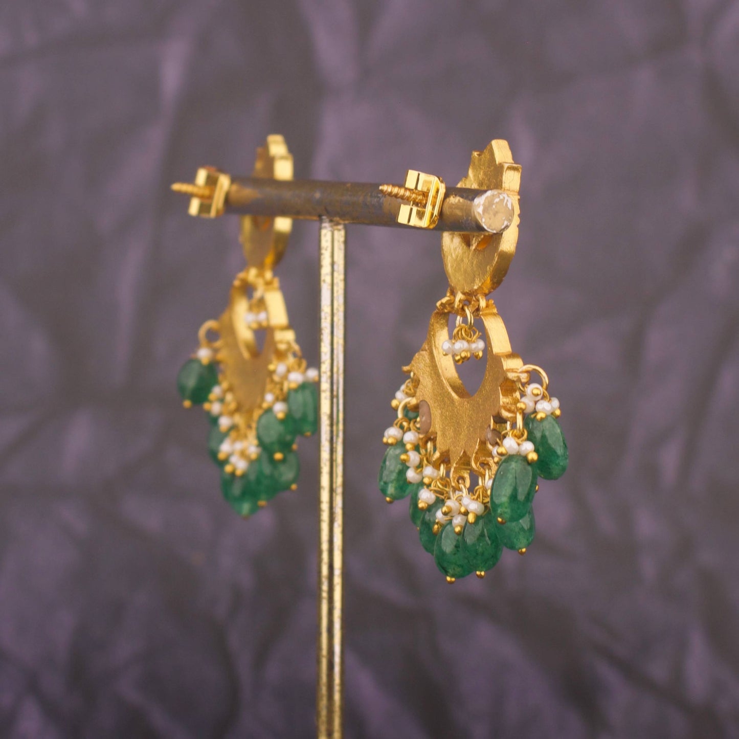 Chand Studded Jadau Kundan Chandbali Earrings With Emerald Drops