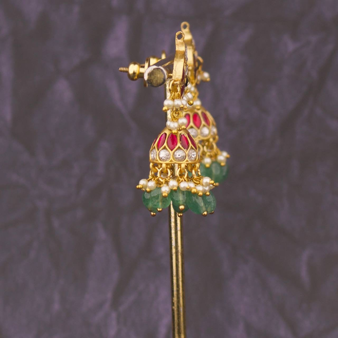 Elegant Jadau Kundan Chand Design Jhumki Earrings With Green Beads