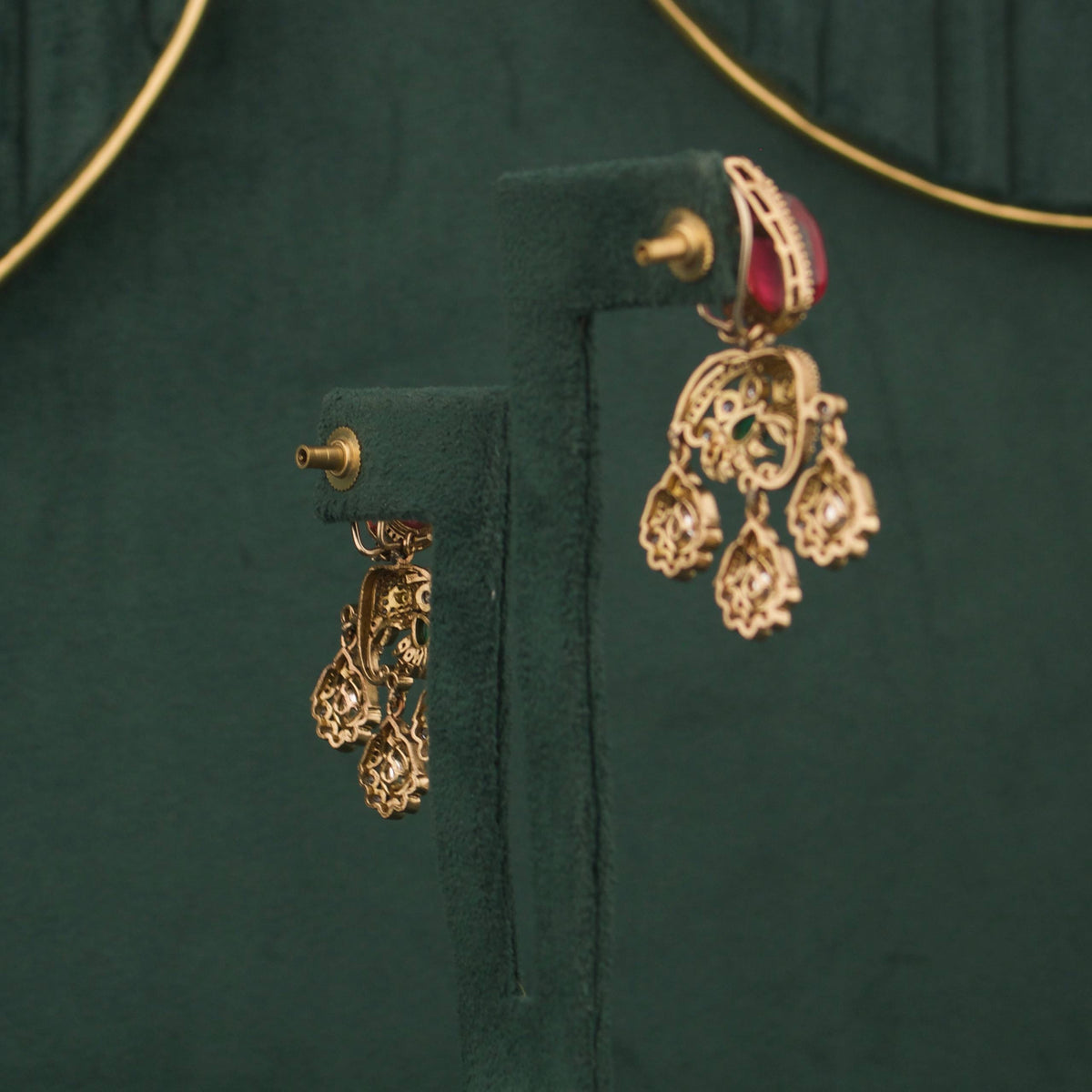 Navratan Victorian Polki Necklace Set With Matching Earrings Styling Angle View 6 - Dulhan Jewels