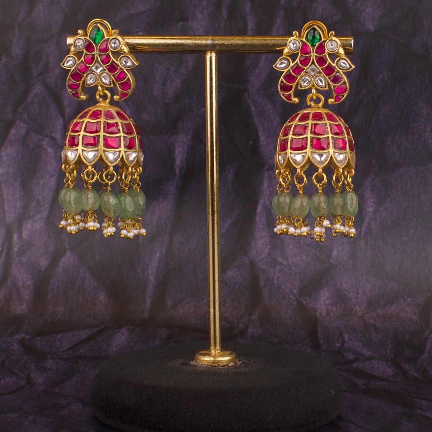 Luxury Jadau Kundan Jhumki With Green Beads Hangings