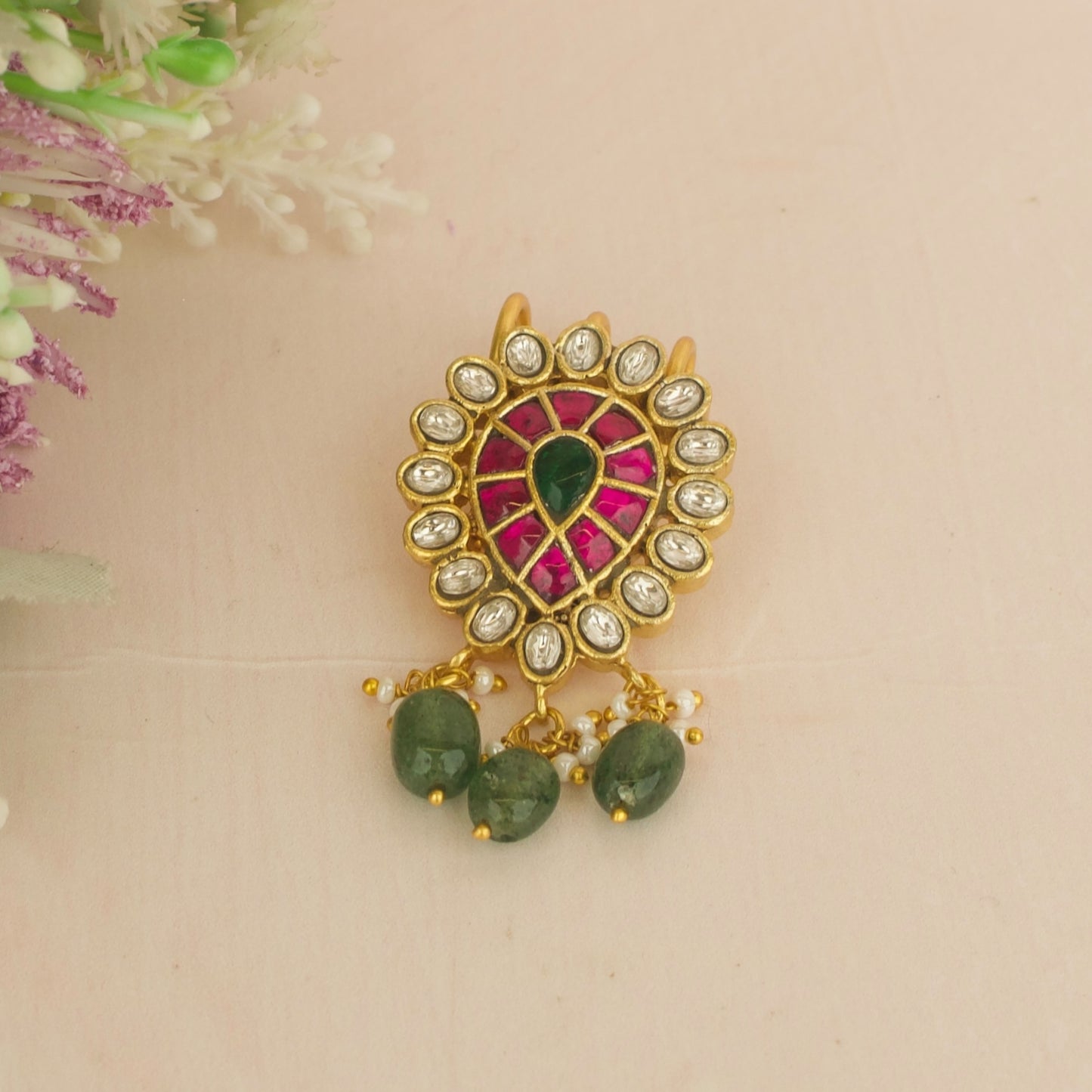 Graceful Jadau Kundan Hairpin With Tilak Design & Green Beads