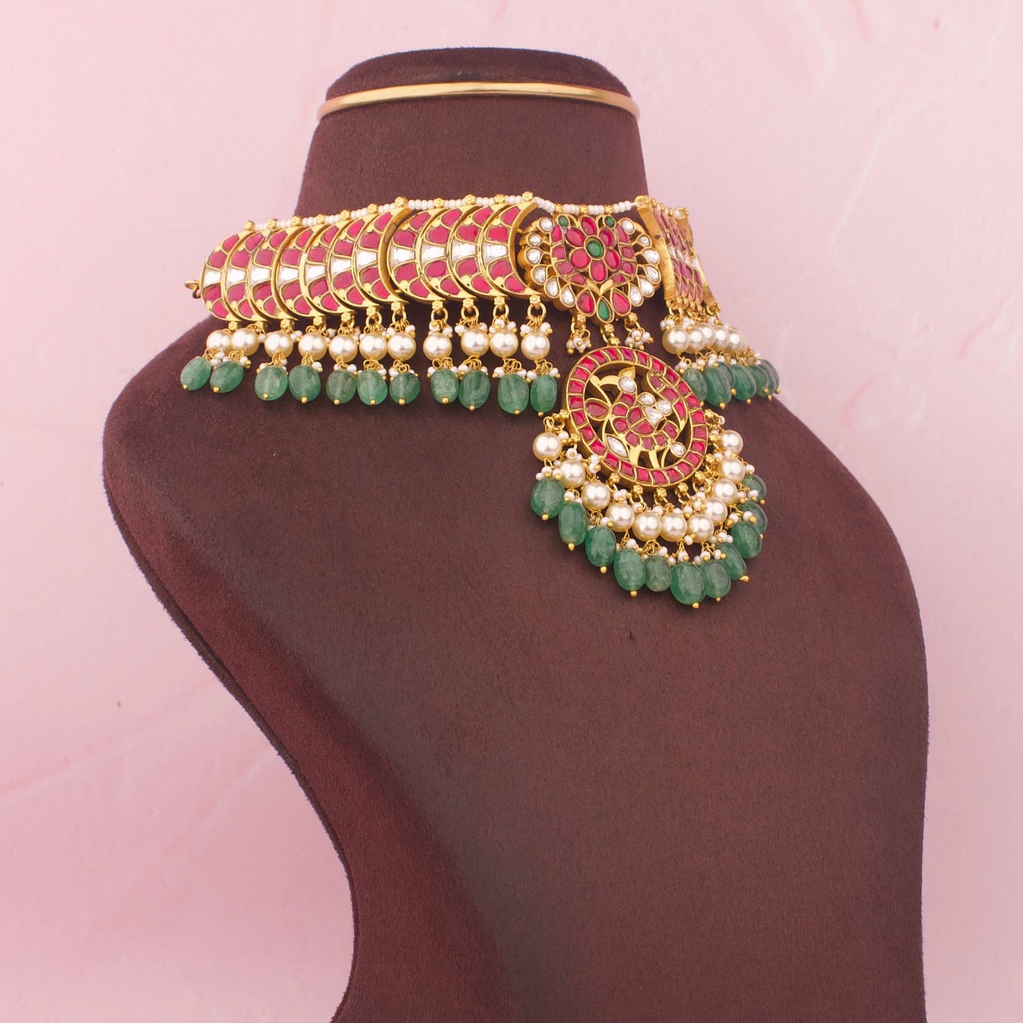 Royal Jadau Kundan Choker Necklace With Pearl Drops And Green Emerald Hangings