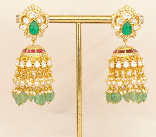 Polki Studded Jadau Kundan Jhumki With Guttapusalu Hangings - DULHAN JEWELS