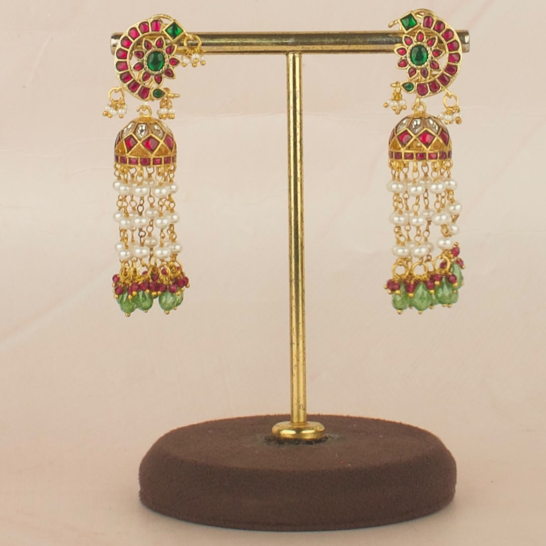 Lavish Floral Design Jadau Kundan Jhumki with White Beads Hanging