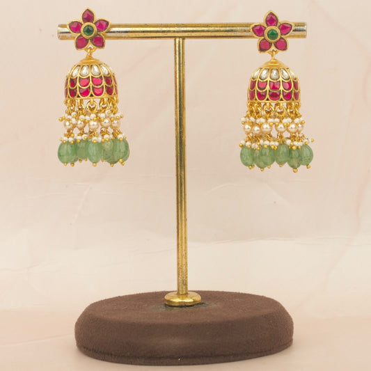 Floral Studded Jadau Kundan Stone Jhumki Earrings