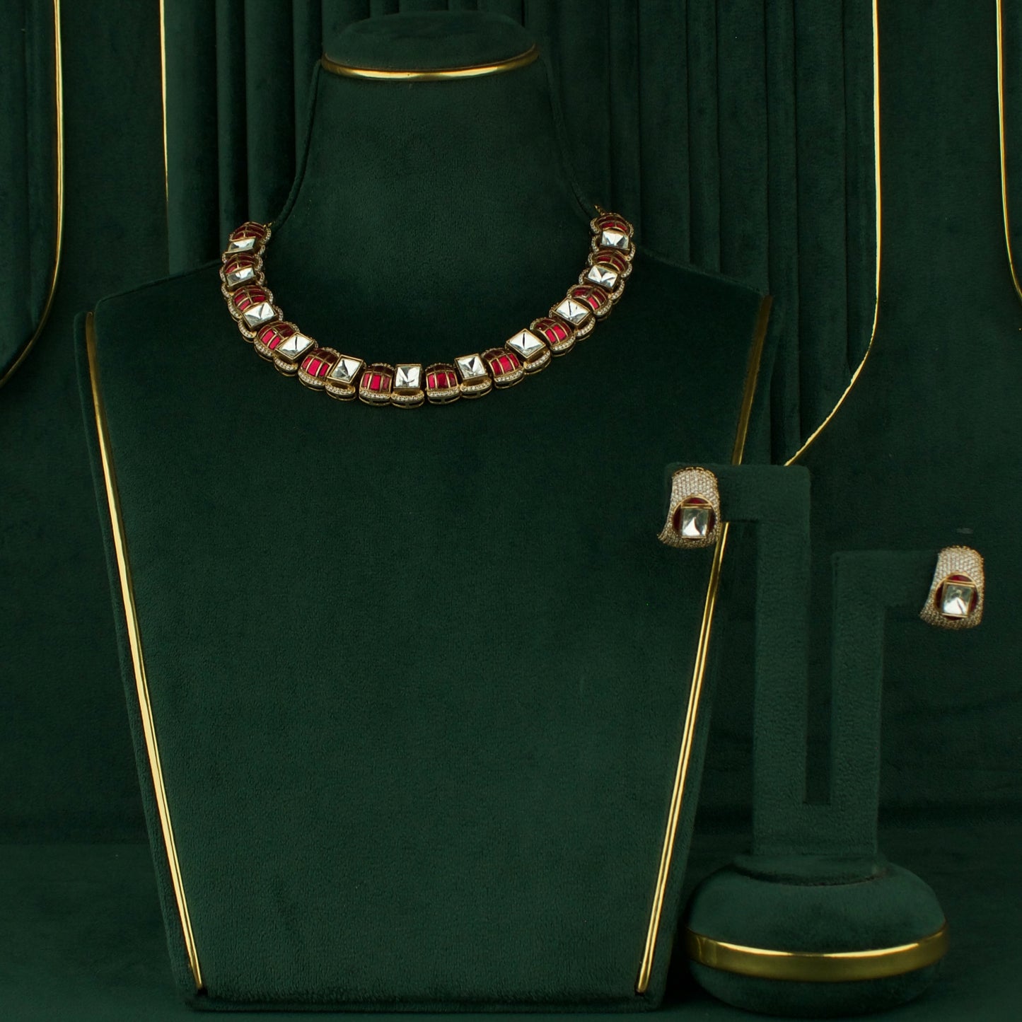 Sleek Square shape Polki Victorian Short Necklace with Matching Earrings