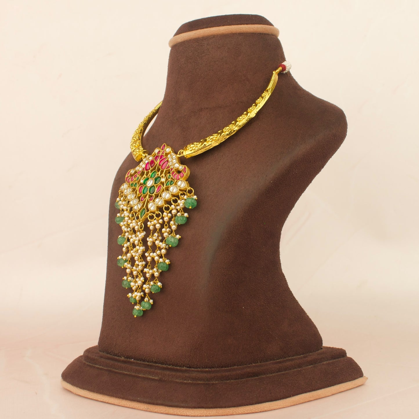 Peacock Design Jadau Kundan Kanti Necklace With Pearl & Beads Hangings