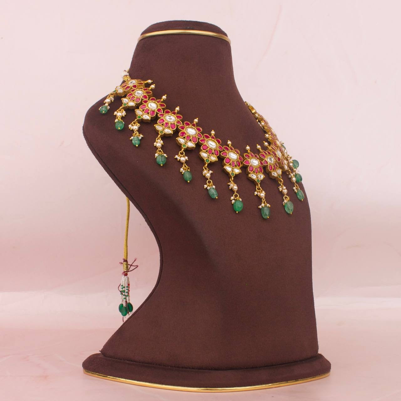 Floral Design Jadau Kundan Necklace With Beads Hangings
