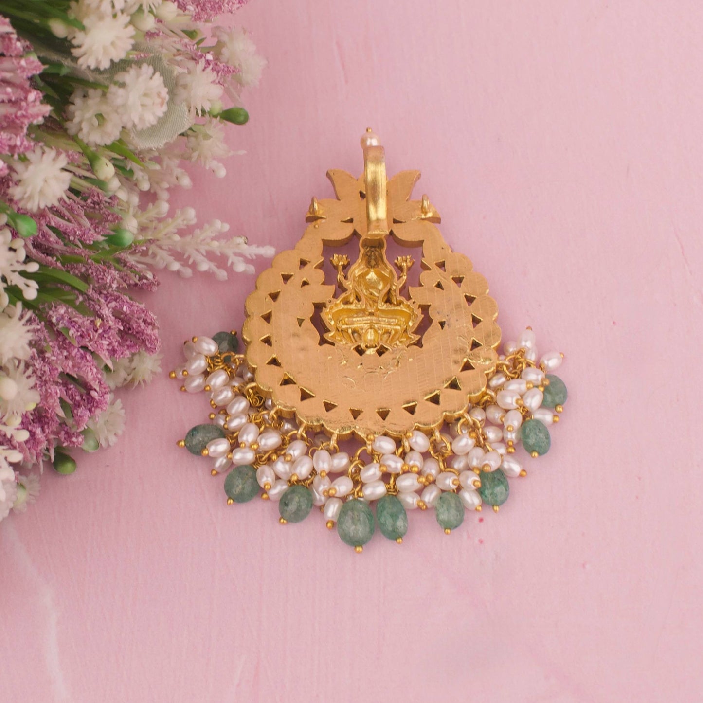 Jadau Kundan Laxmi Devi Design Lotus Pendant With Guttapusalu Hangings