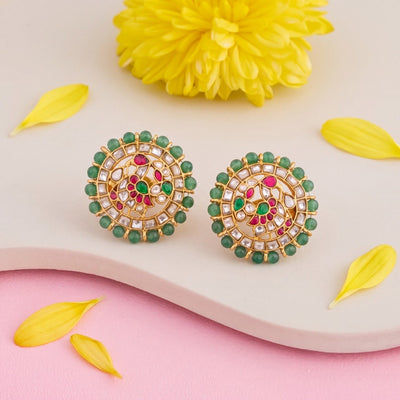 Green Beaded Jadau Kundan Stud Earrings