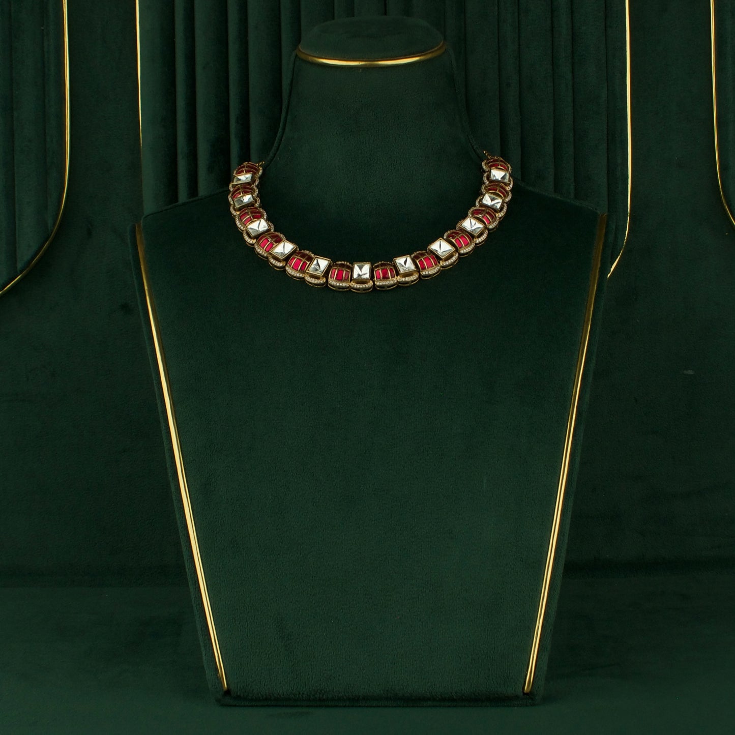 Sleek Square shape Polki Victorian Short Necklace with Matching Earrings