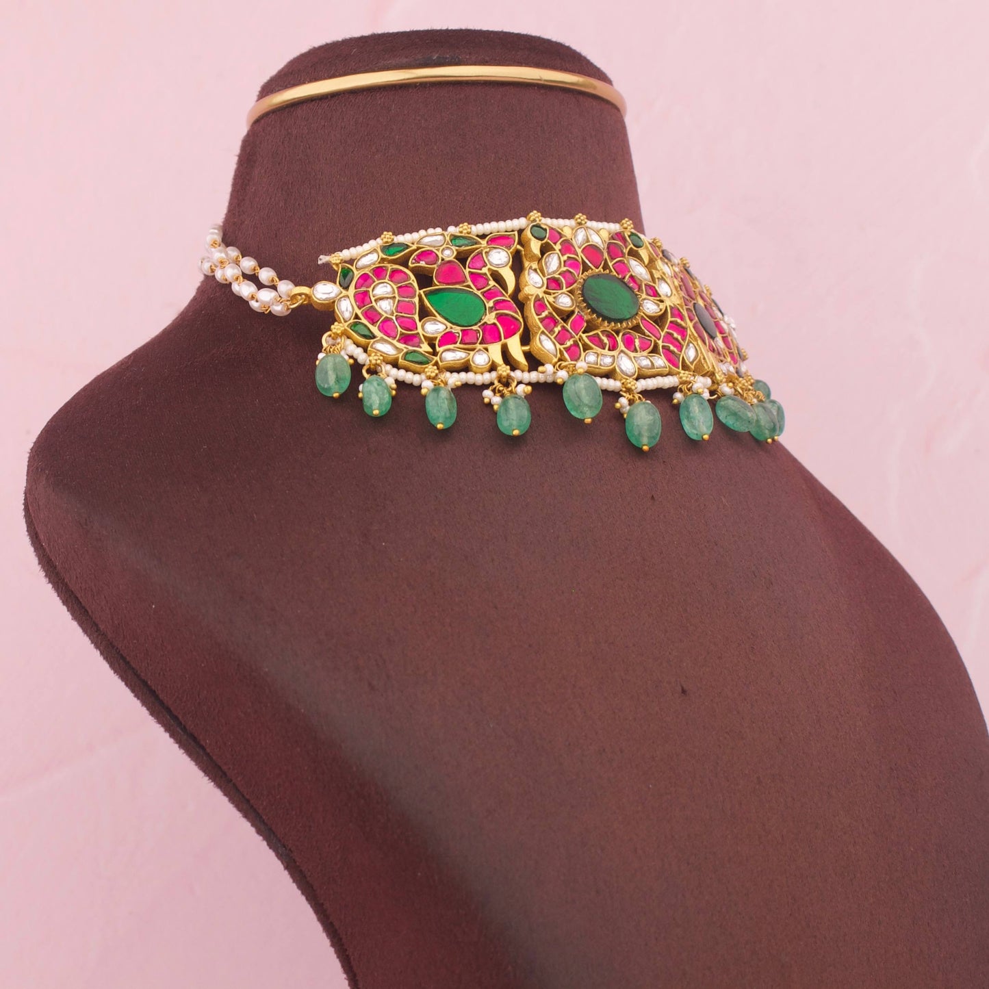 Peacock Design Pink-Green Jadau Kundan Choker With Emerald Center Stone And Green Hangings