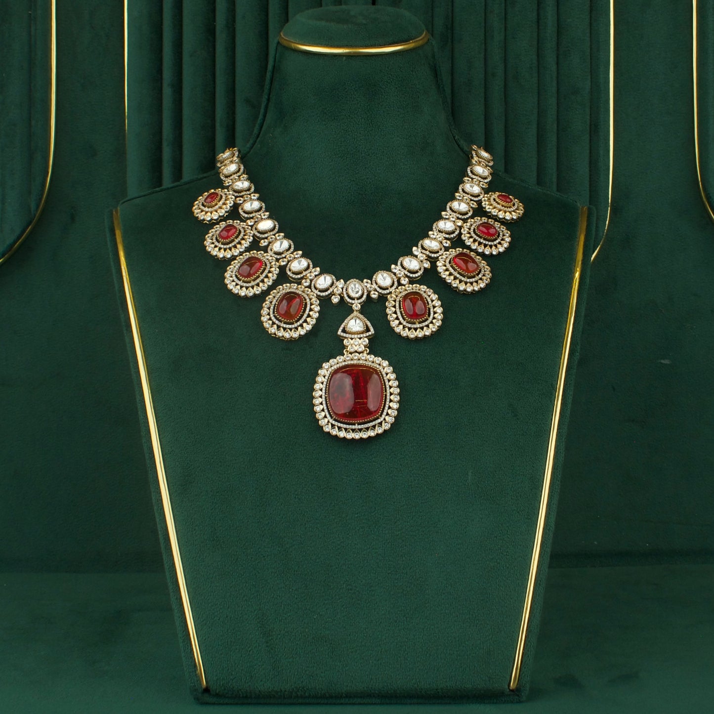 Deluxe Polki Mehandi Victorian Short Necklace With Matching Earrings