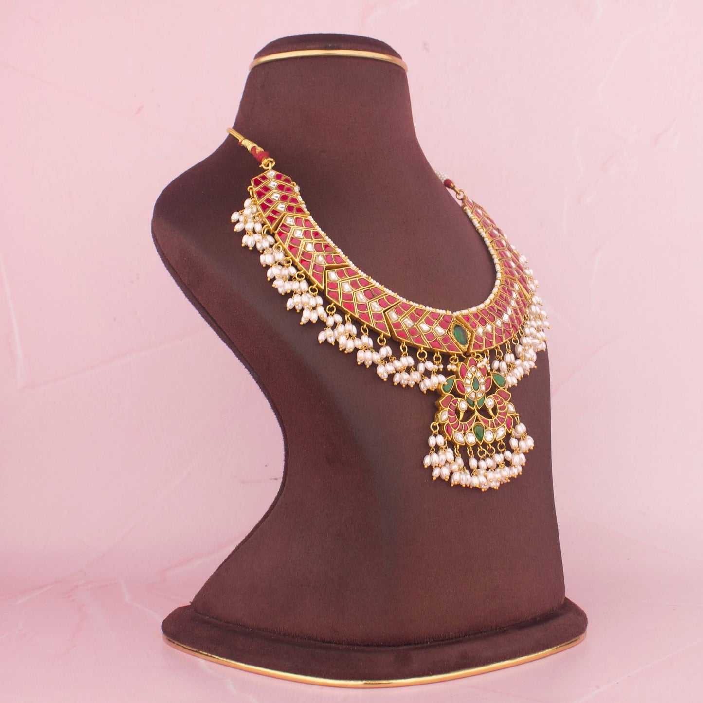 Royal Jadau Kundan Short Necklace With Peacock Locket And Pearl Drops