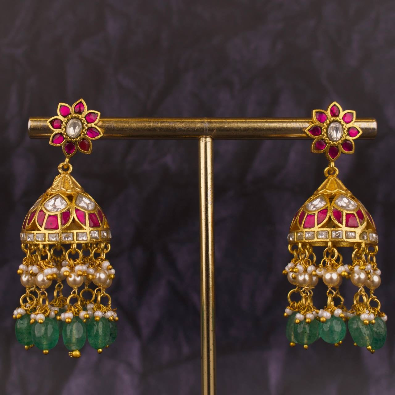 Floral Studded Jadau Kundan Guttapusalu Hanging Jhumki Earrings