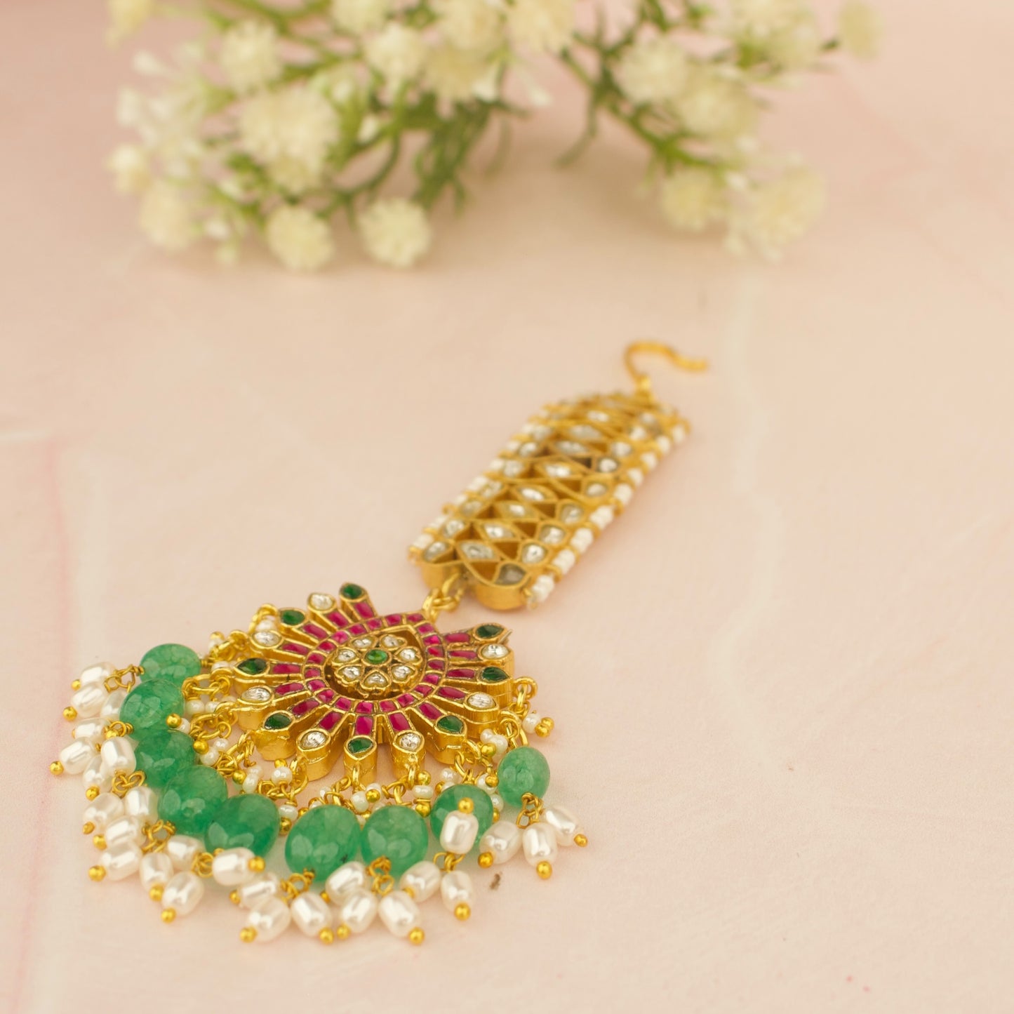 Floral Design Jadau Kundan Gold Style Long Maang Tikka