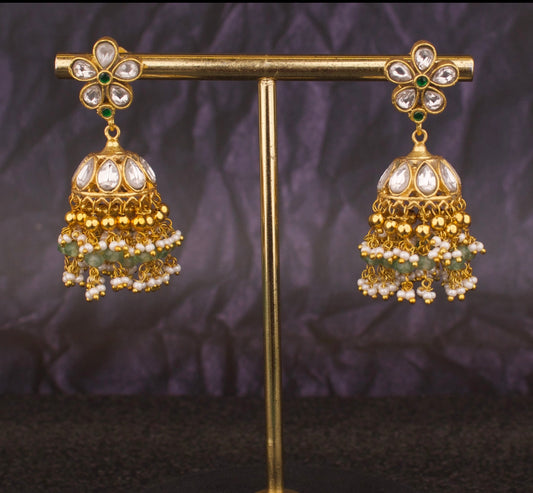 Cute Floral Studded Jadau Kundan Jhumki Earrings - DULHAN JEWELS