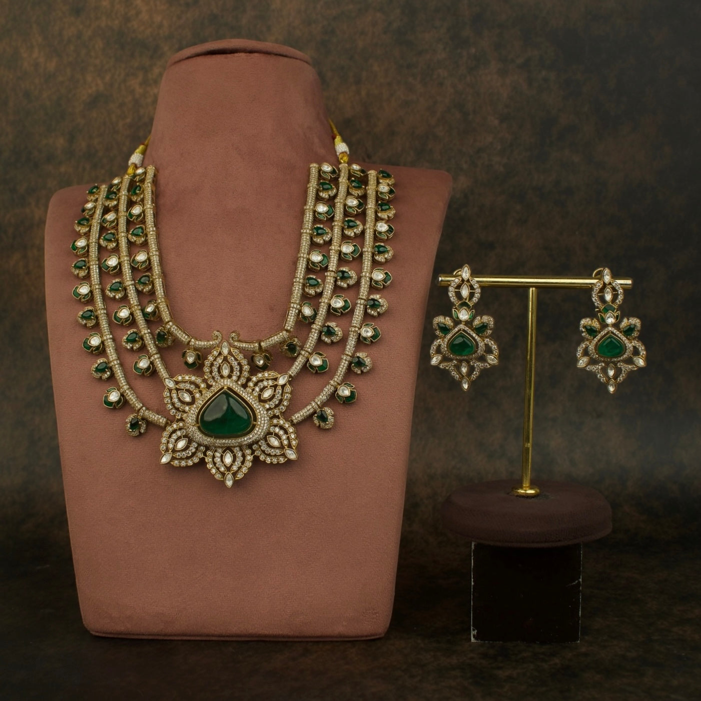 Majestic Multi-Layered Victorian Polki Necklace Set with Green Stones