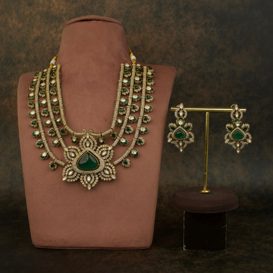 Majestic Multi-Layered Victorian Polki Necklace Set with Green Stones