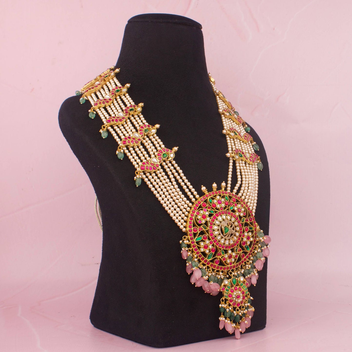 Handmade Jadau Kundan Long Rani Haar With Green Beads & Swarovski Chain