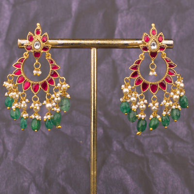 Unique Design Jadau Kundan Chandbali Earrings With Green Hangings