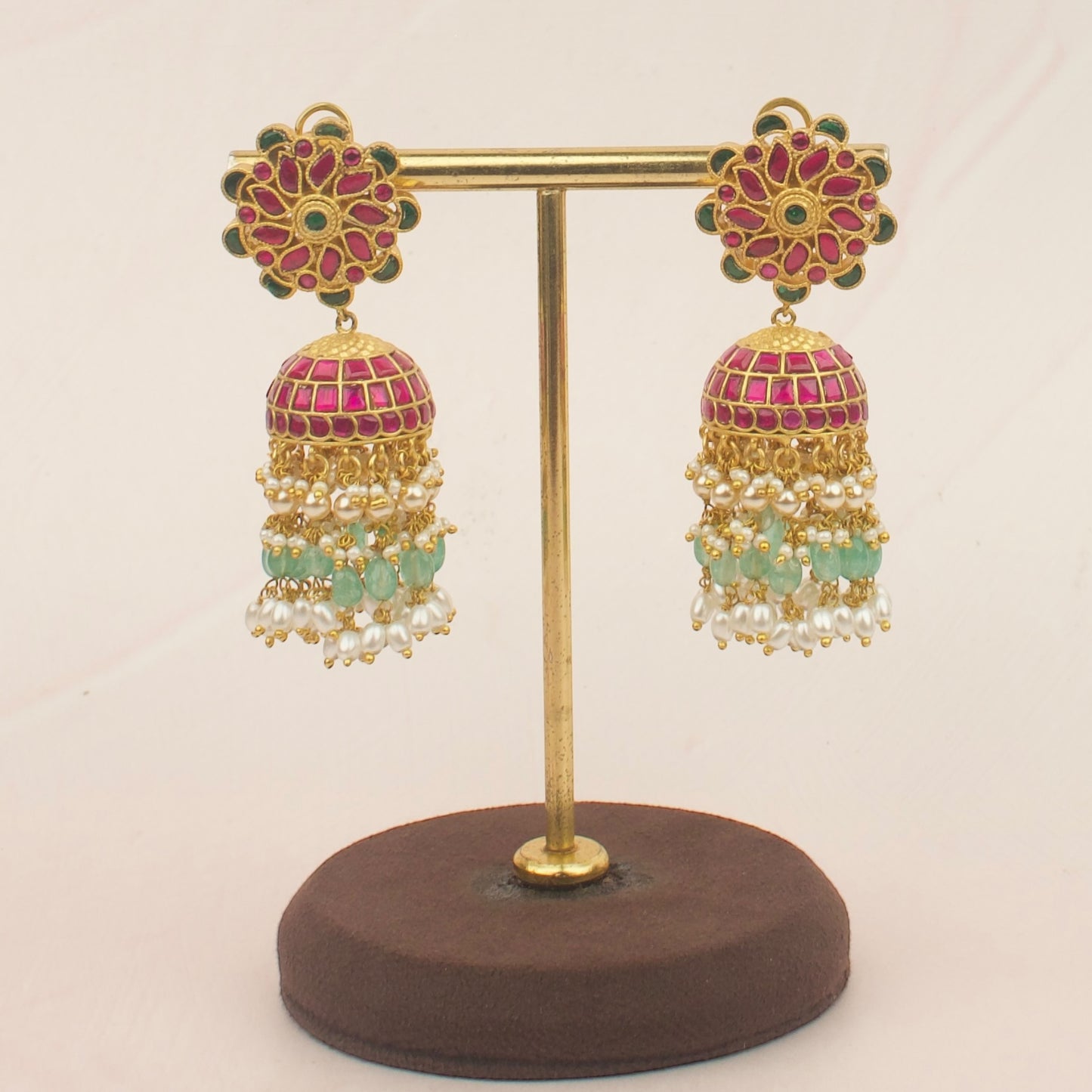 Bridal Floral Jadau Kundan Jhumka with Pearls and Emeralds