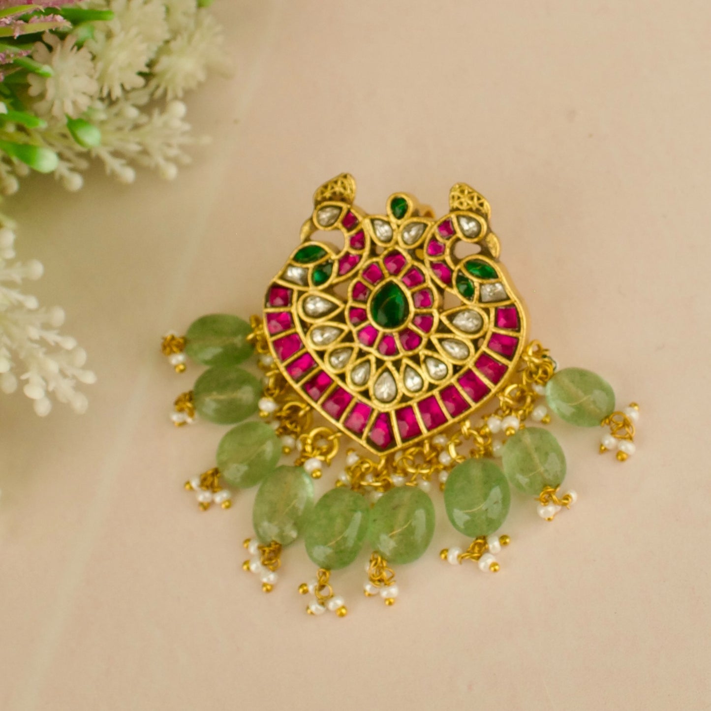 Glorious Peacock Design Jadau Kundan Locket with Green Beads