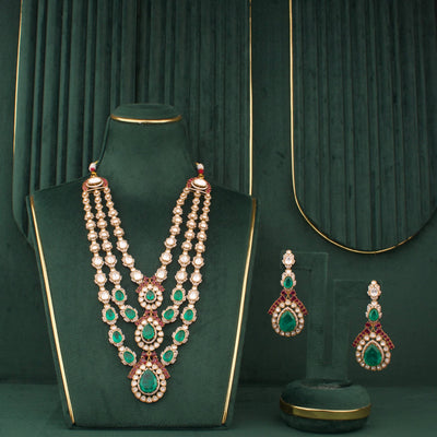 Luxury Victorian Green Stone Polki Necklace Set With Earrings