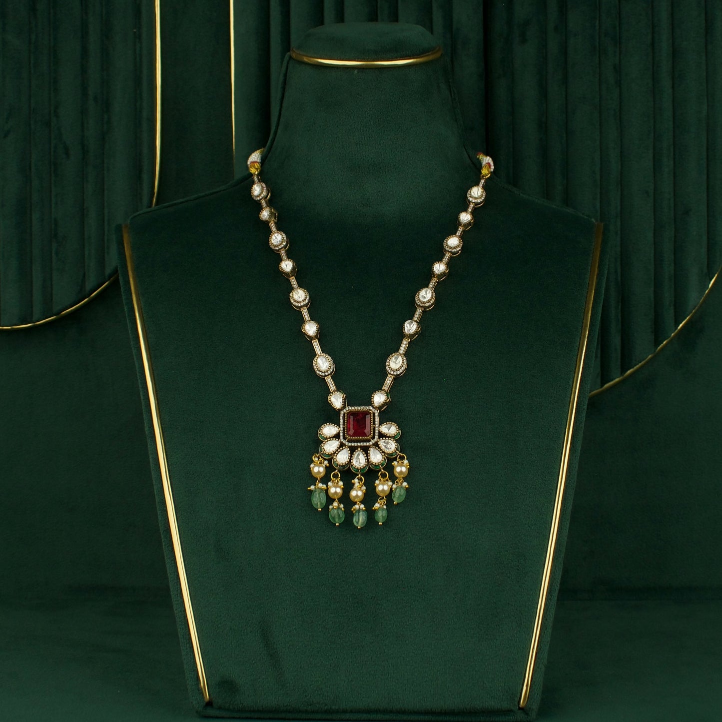 Sleek Polki Necklace With Earrings In Victorian Finish