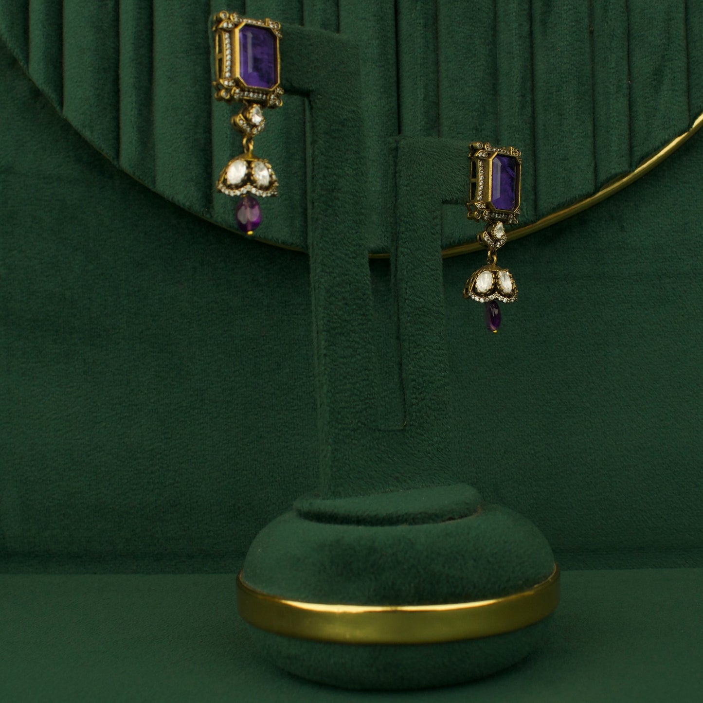 Royal chandbali necklace with matching earrings pair, purple stones, polki beads