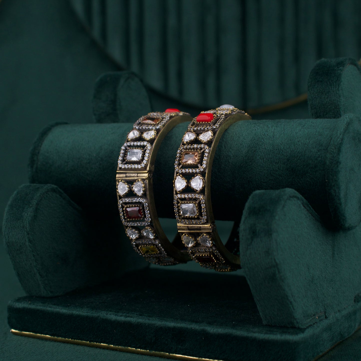 Traditional Victorian Polki Bangles with AD stones in Navaratna colour