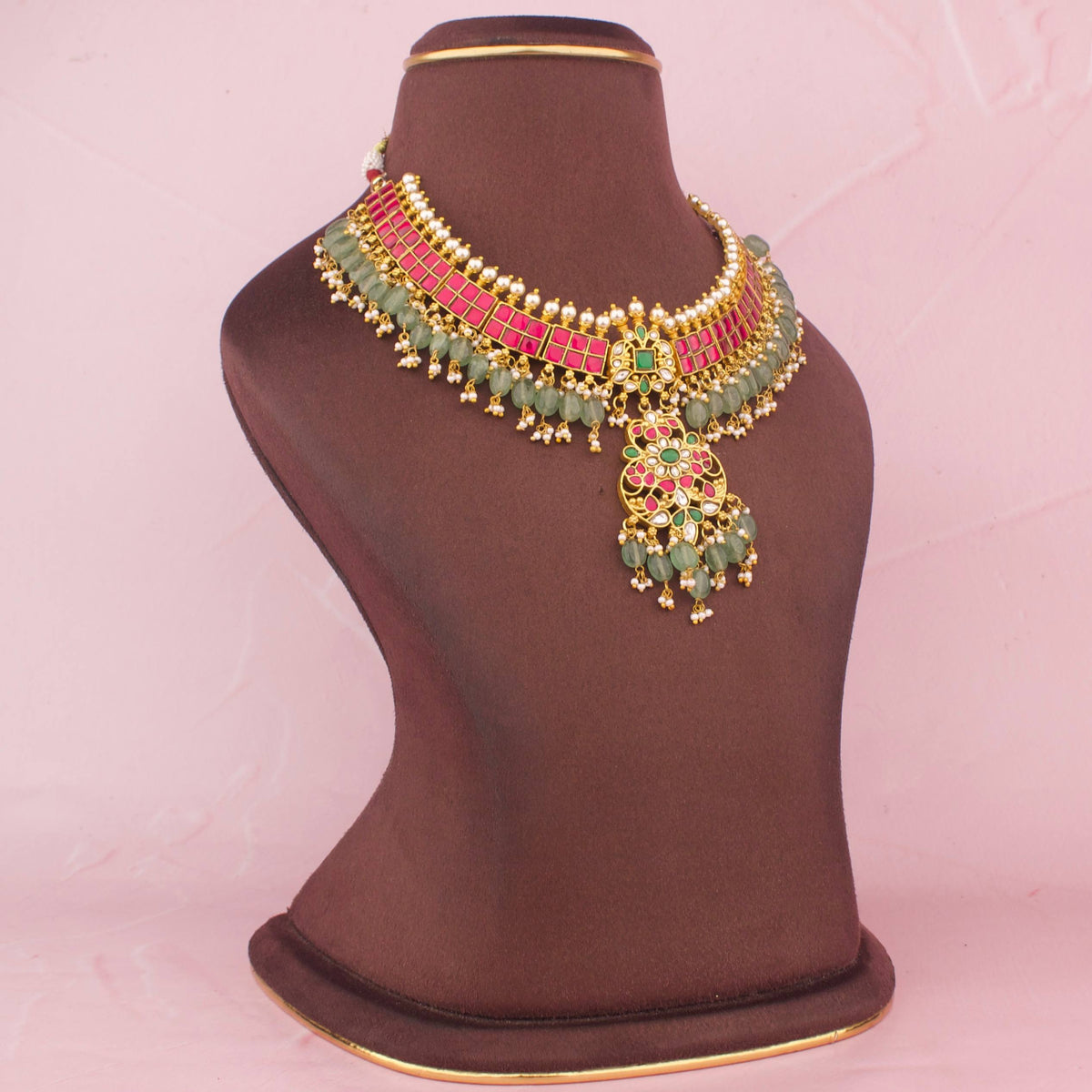 Gold Style Jadau Kundan Necklace With Green Drops