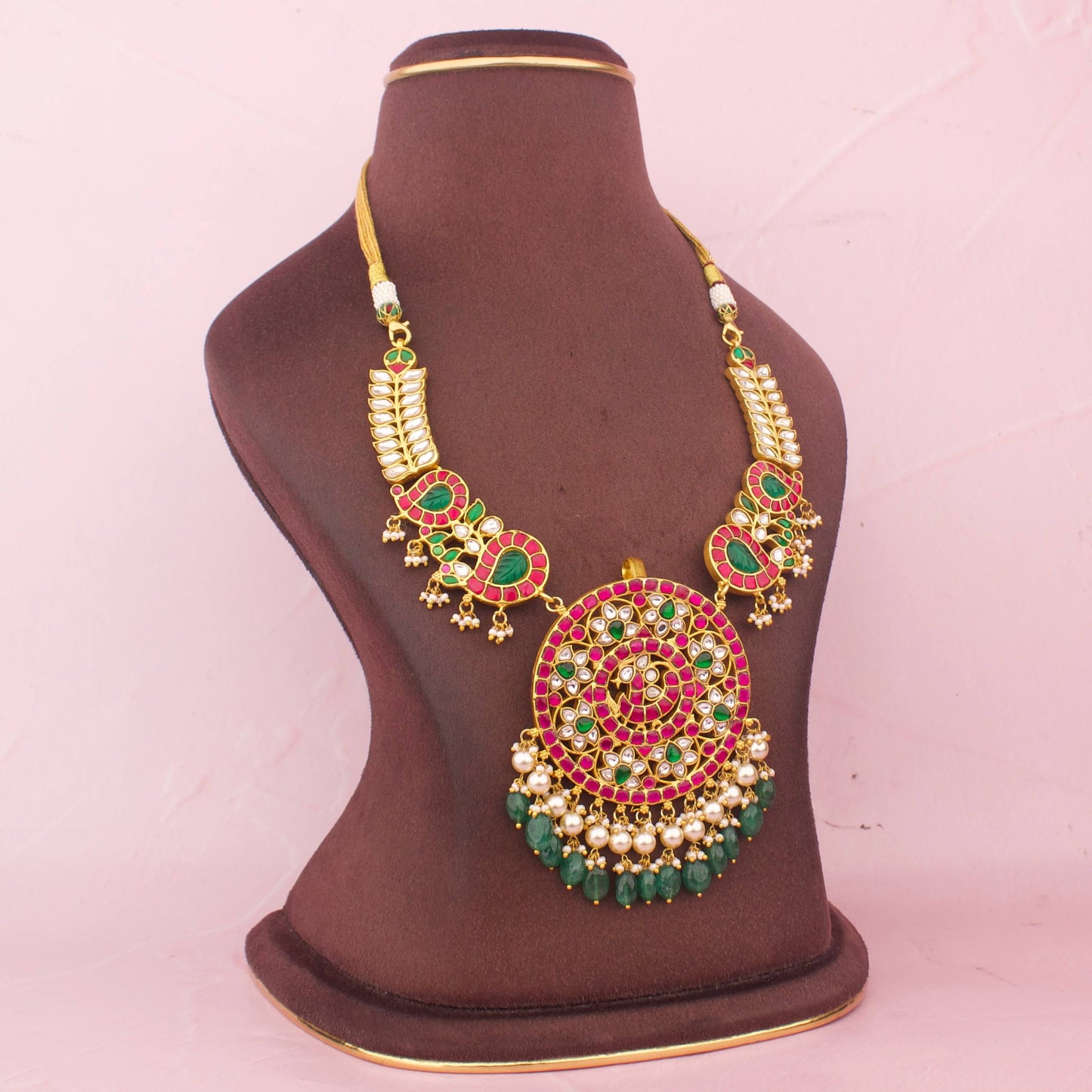 Regal Jadau Kundan Necklace With Floral Pendant And Emerald Drops