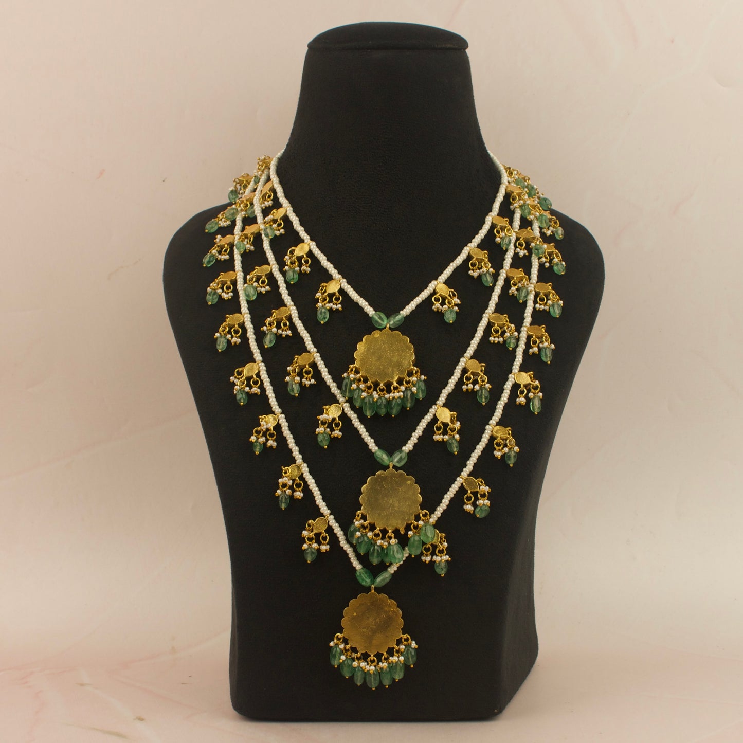 Bridal Jadau Kundan 3 Lada With Pearl And Bead Hangings