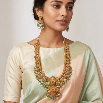 Traditional Long Jadau Kundan Haram Necklace With Emerald Beads