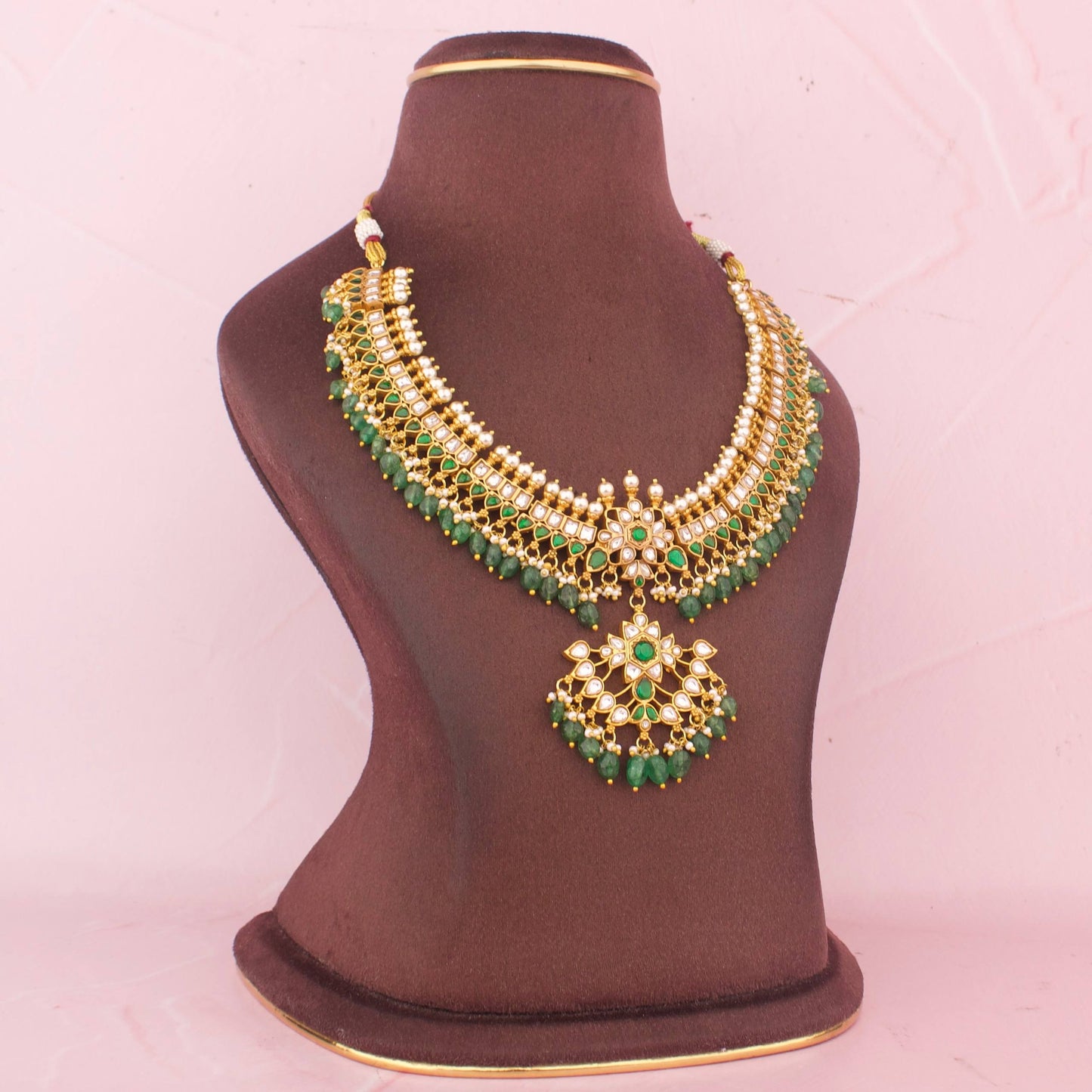 Royal Jadau Kundan Necklace With Green Beads - Alternate View 3