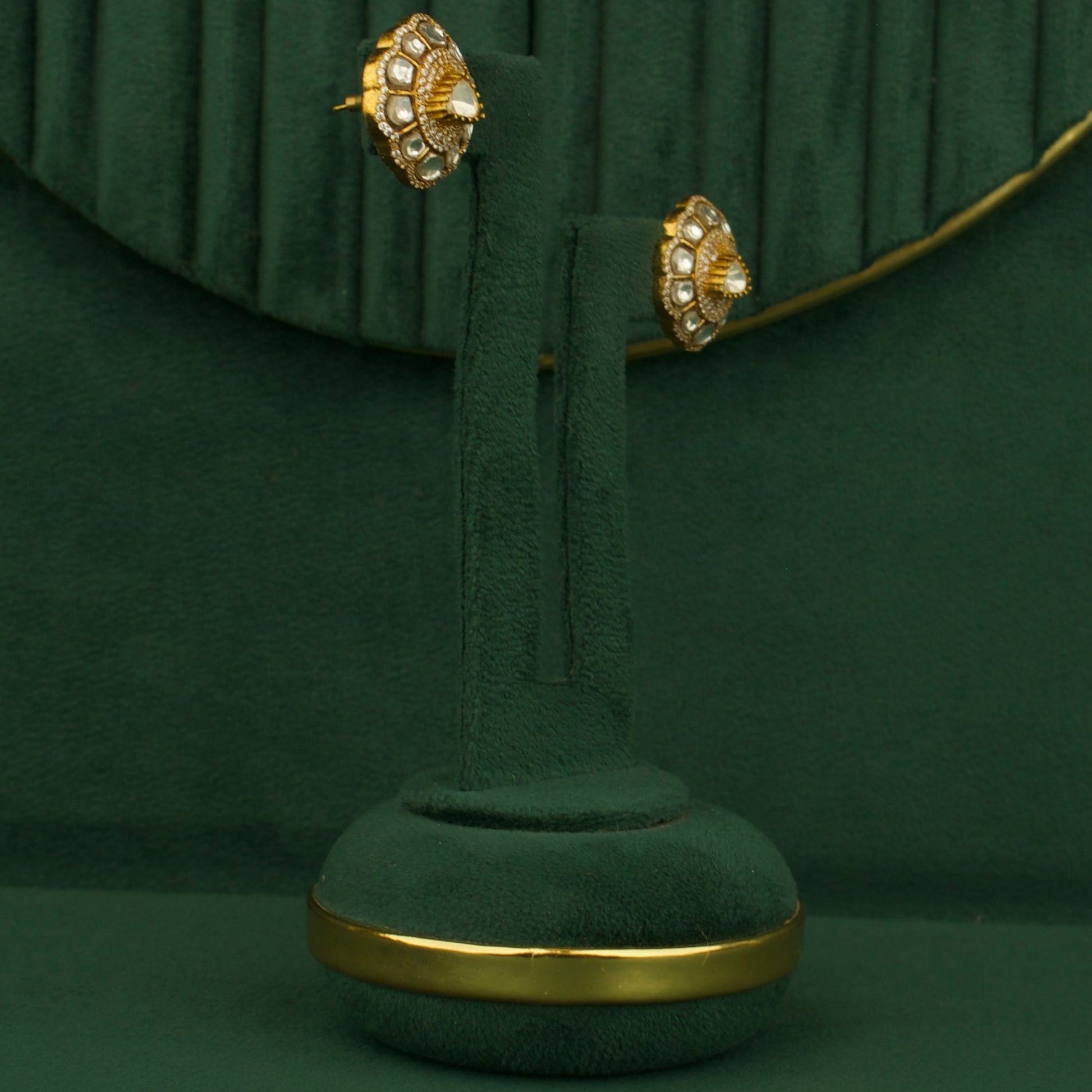 Triangle Flower Design Kundan Polki Stud Earrings