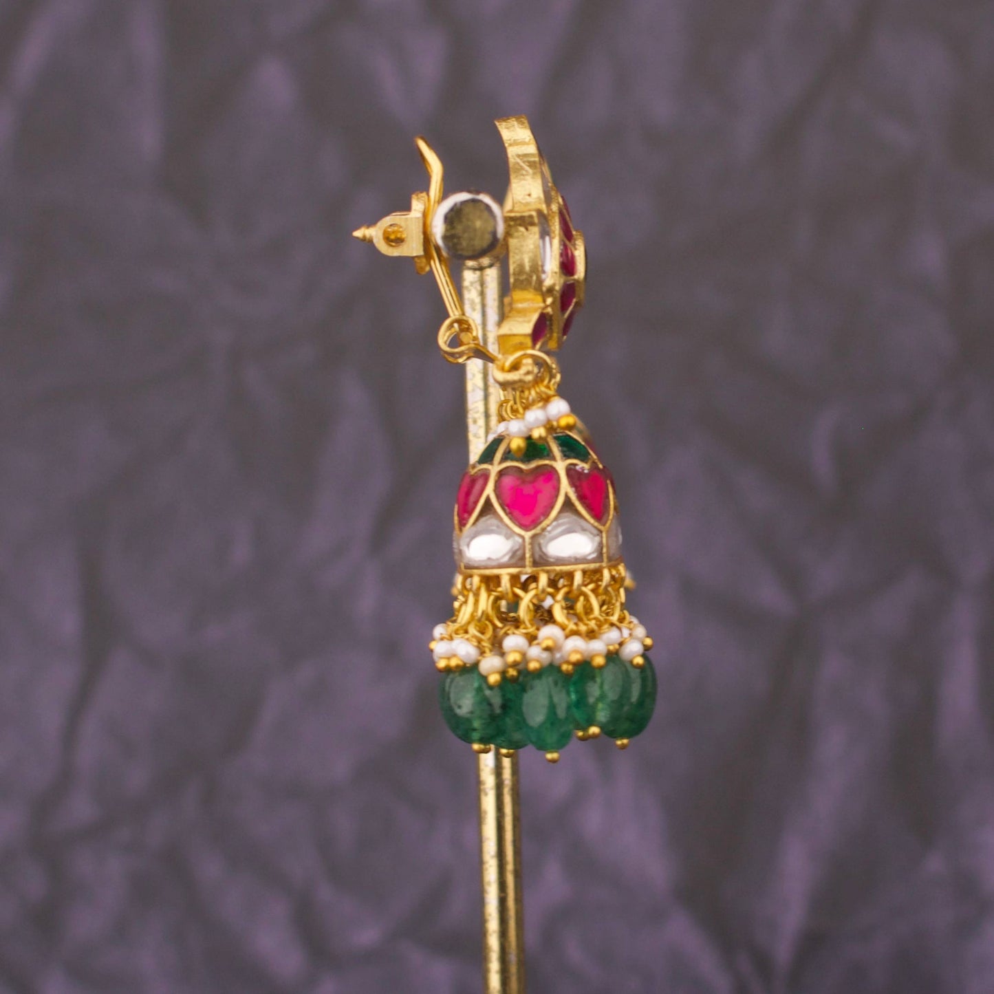 Lotus Design Jadau Kundan Jhumka Earrings With Green Hangings