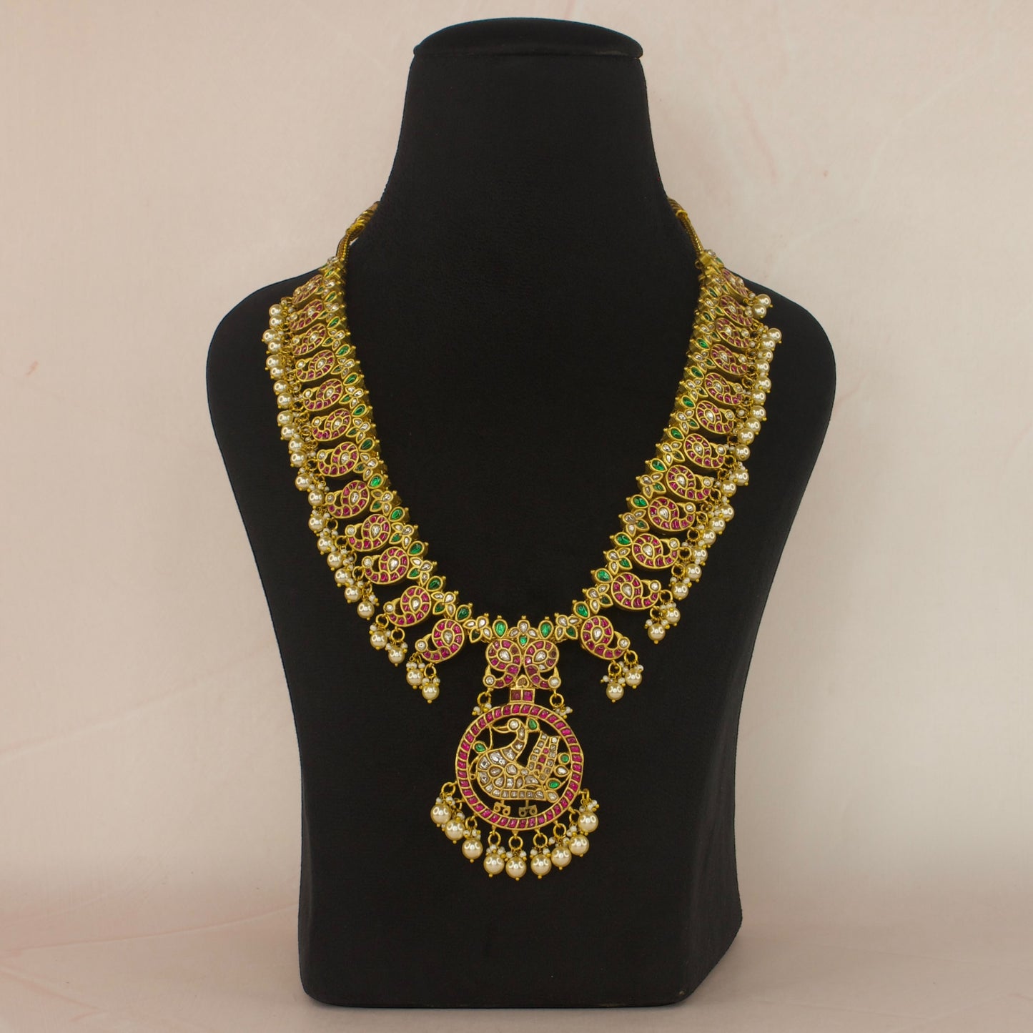 Statement Jadau Kundan Mango Necklace with pearls - DULHAN JEWELS