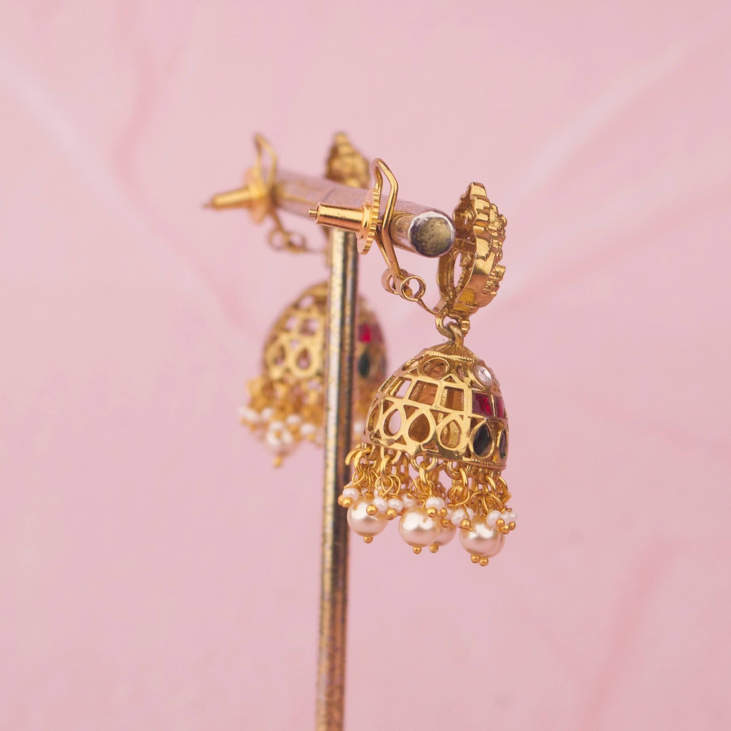 Temple Style Jadau Kundan Jhumki Earrings With Pearl Drops
