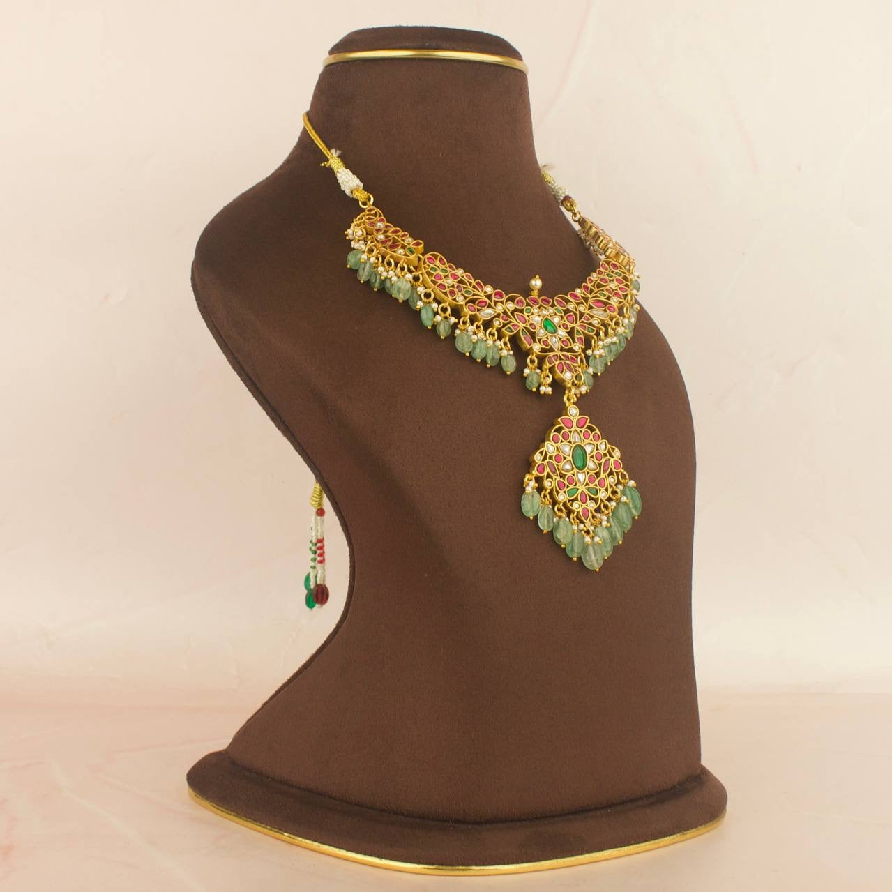 Sleek Jadau Kundan Short Necklace With Strawberry Beads As Hangings