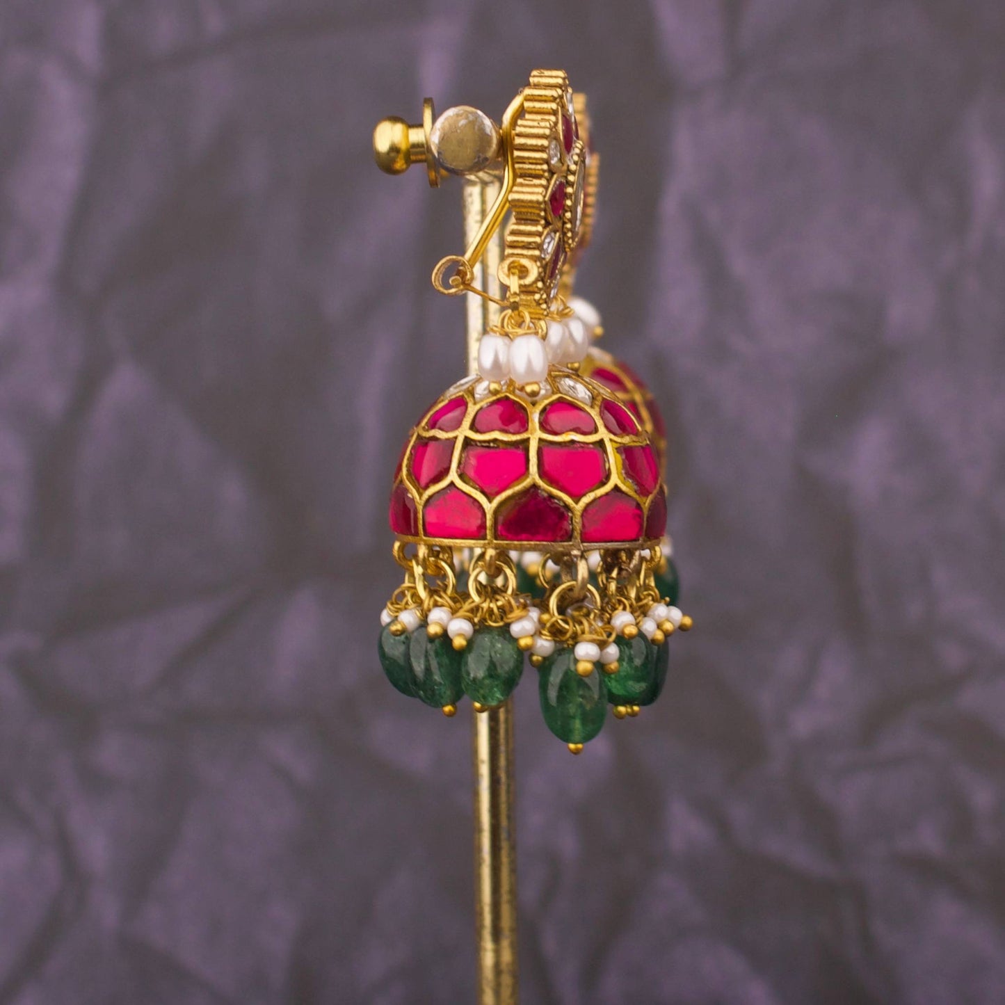 Designer Jadau Kundan Jhumka Earrings With Ruby Stones and Green Drops