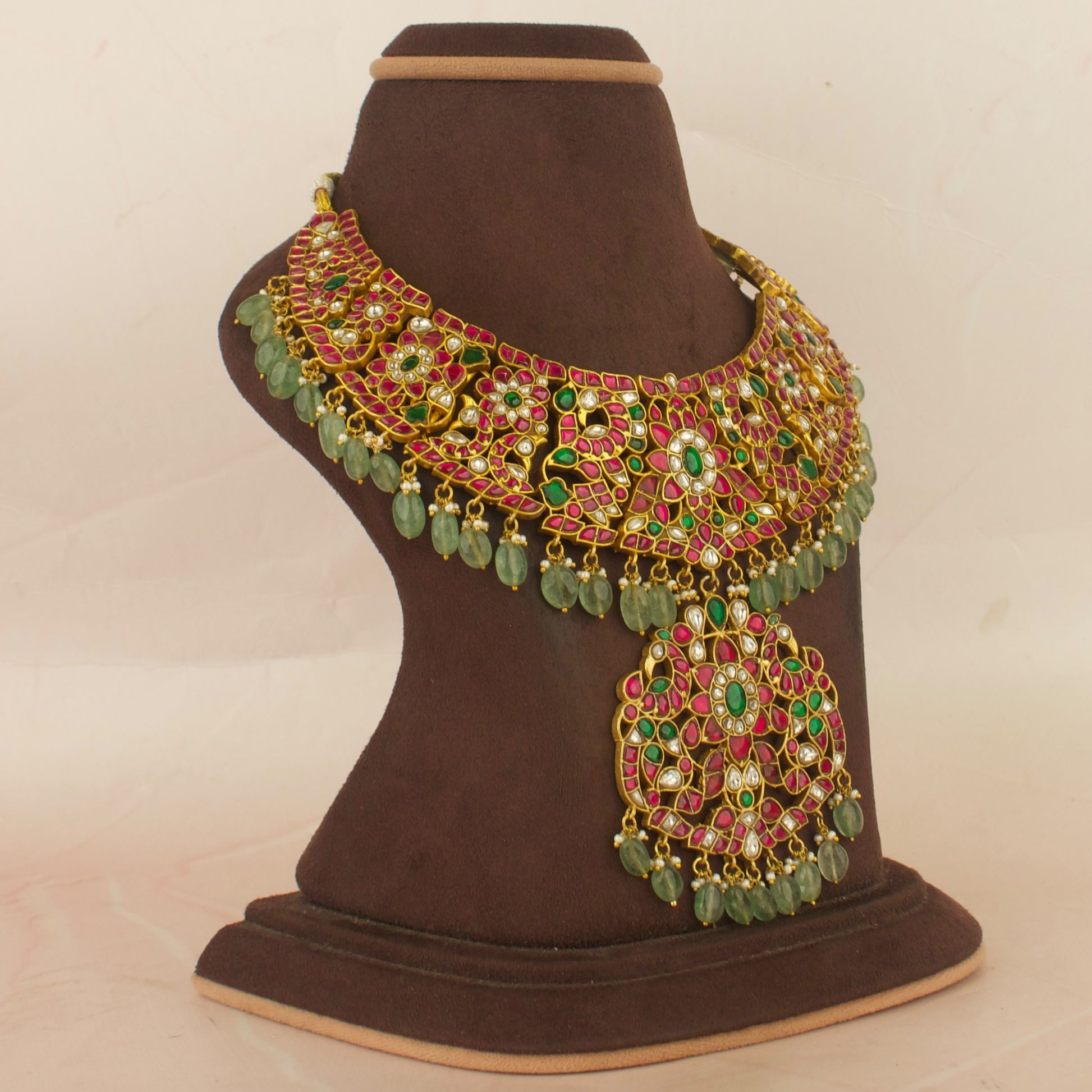 Grand Bridal Floral Design Jadau Kundan Necklace with Green Beads