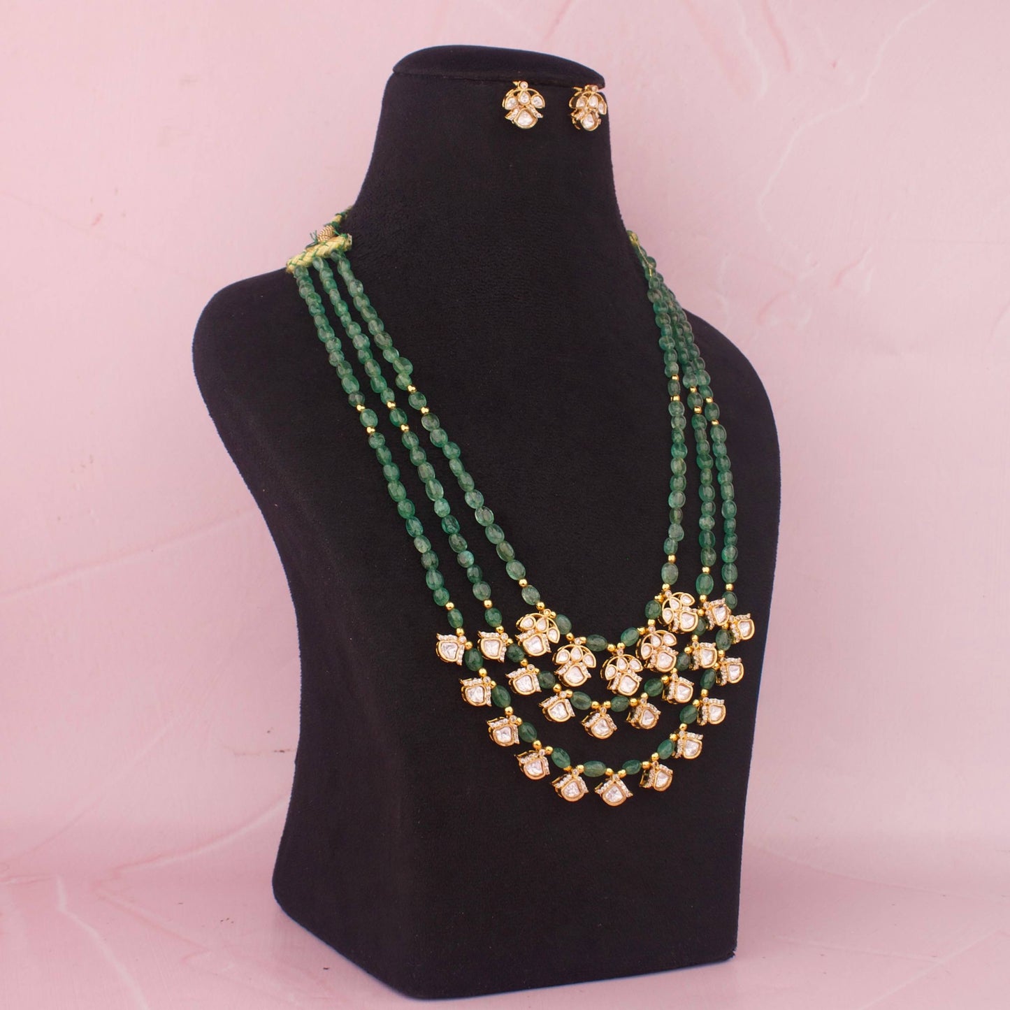 Layer By Layer Jadau Polki Beads Mala Set With Matching Earrings