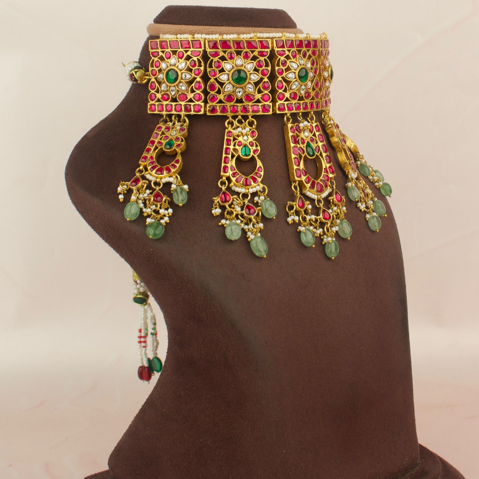 Floral Chandi Bali Design Jadau Kundan Choker with Green Beads
