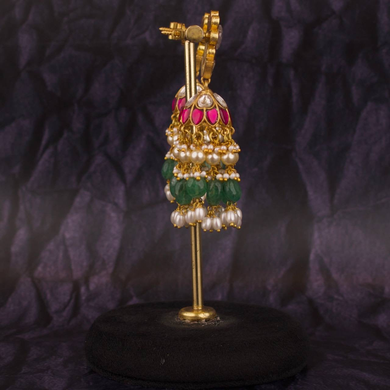 Guttapusalu Pearl & Beads Hanging Jadau Kundan Jhumki Earrings