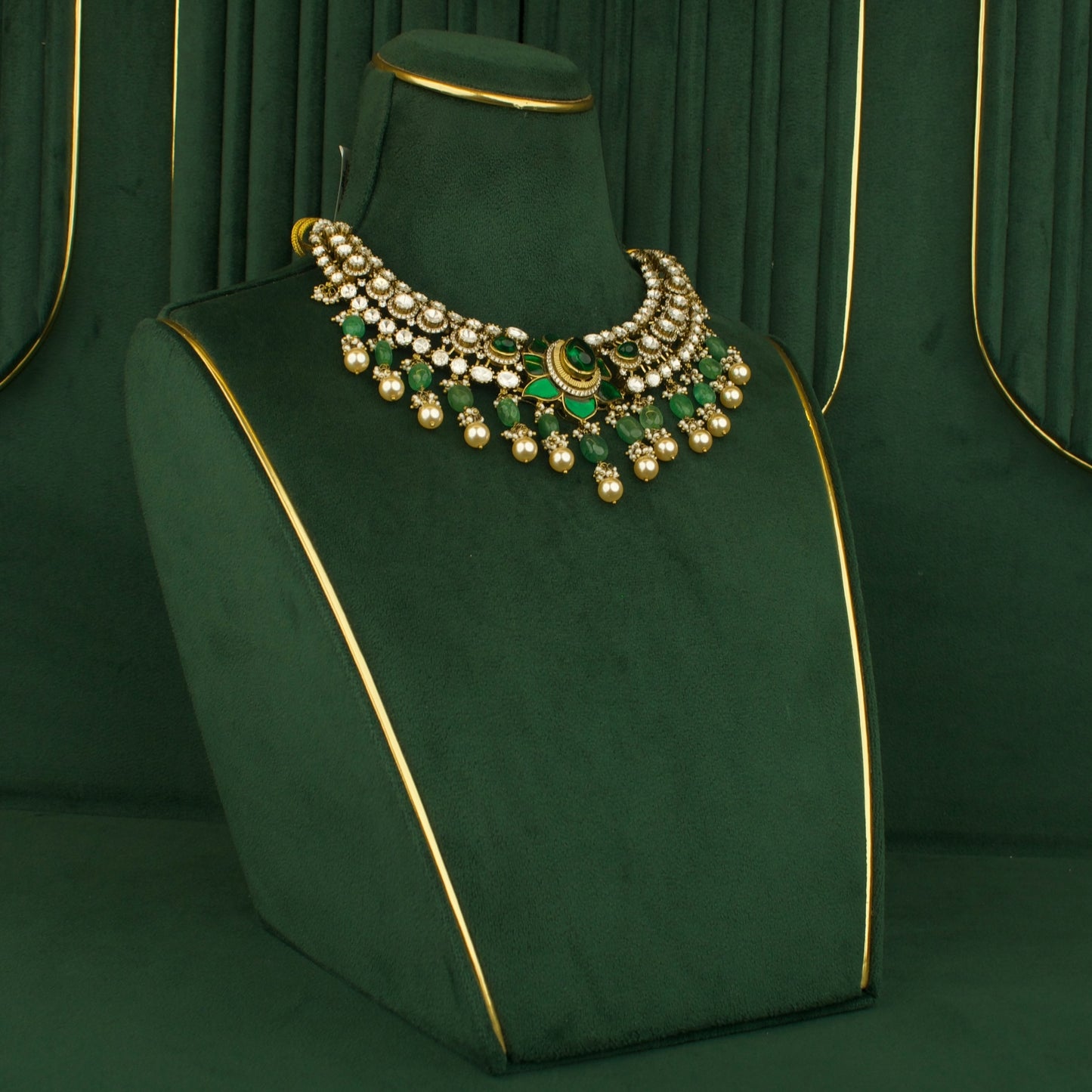Graceful Victorian Fusion Kundan Polki Necklace With Earrings