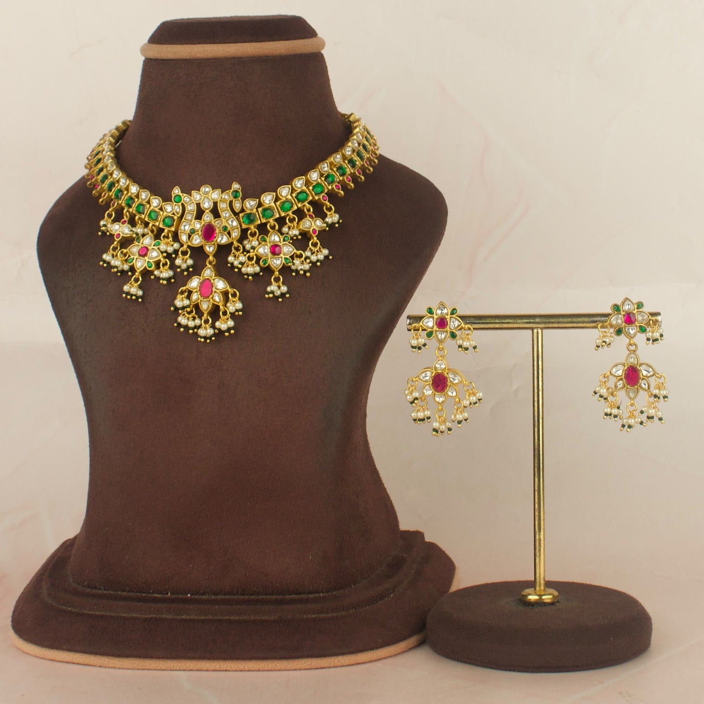 Elegant Gold Style Jadau Kundan Necklace with Matching Earrings