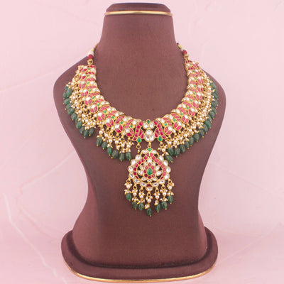 Imperial Jadau Kundan Necklace With Emerald Bead Drops